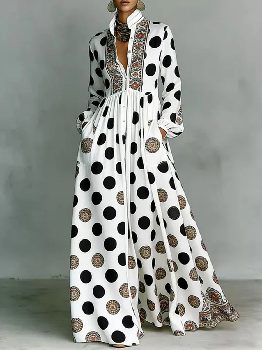 High Waisted Long Sleeve Collar Maxi Dress