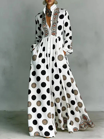 High Waisted Long Sleeve Collar Maxi Dress