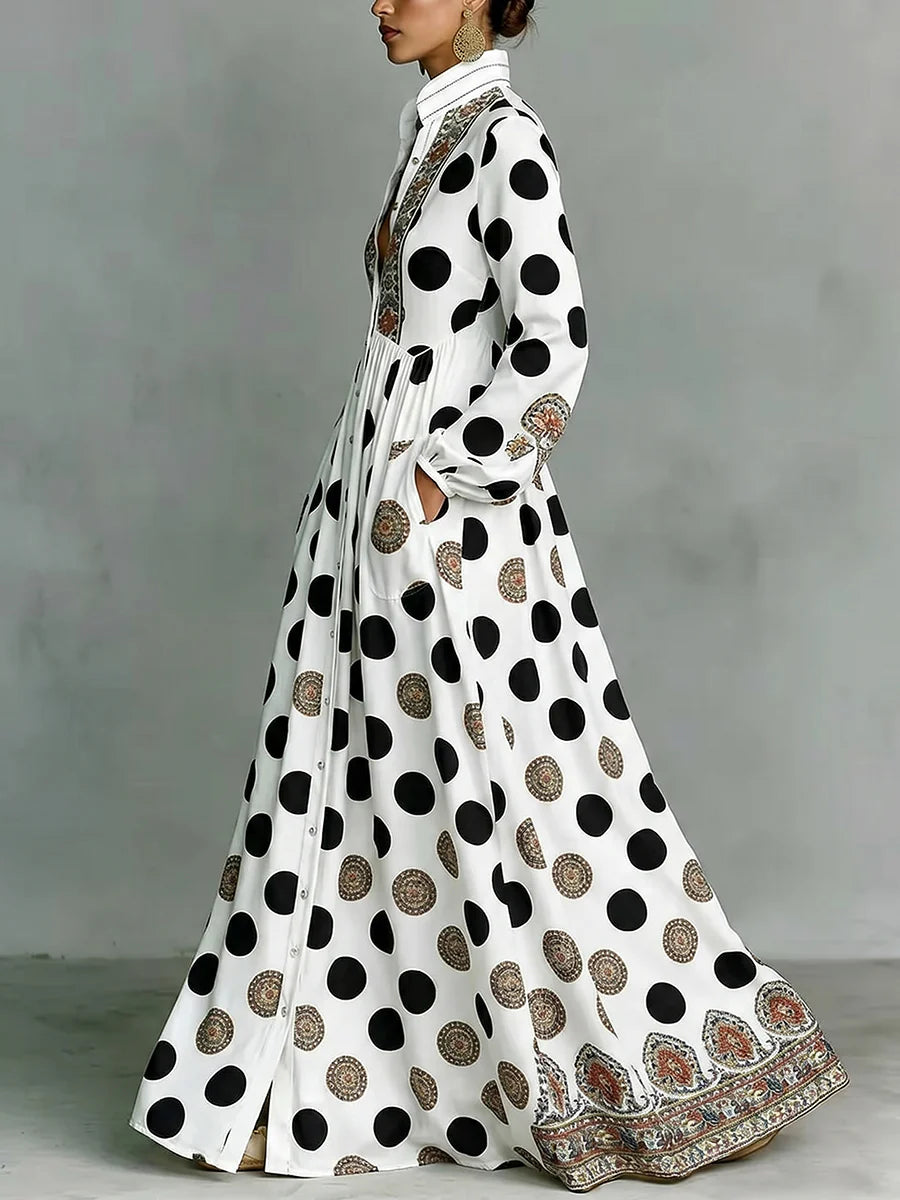 High Waisted Long Sleeve Collar Maxi Dress