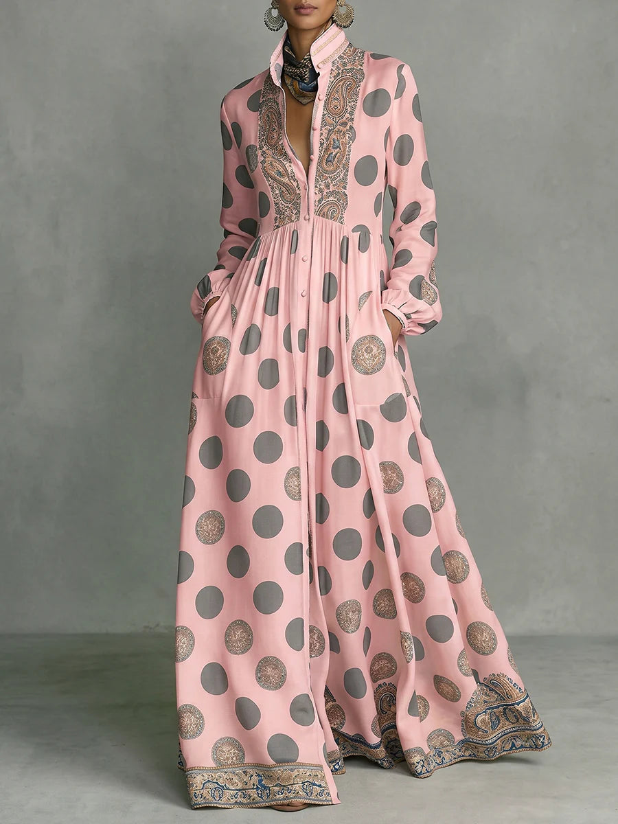 High Waisted Long Sleeve Collar Maxi Dress