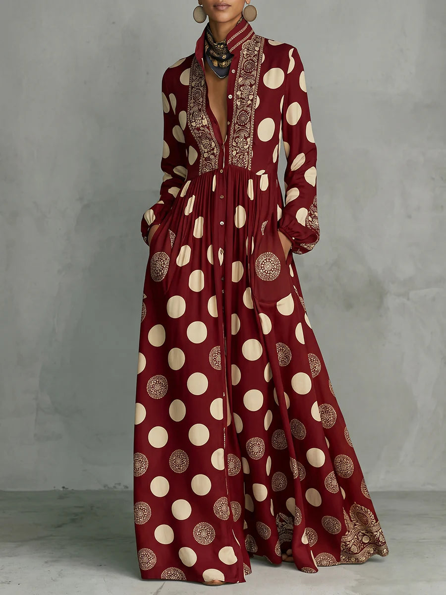 High Waisted Long Sleeve Collar Maxi Dress
