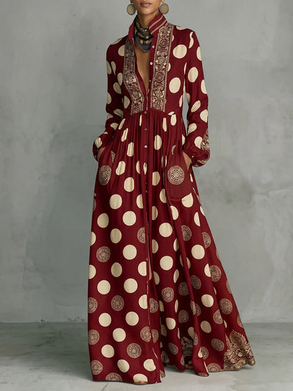 High Waisted Long Sleeve Collar Maxi Dress