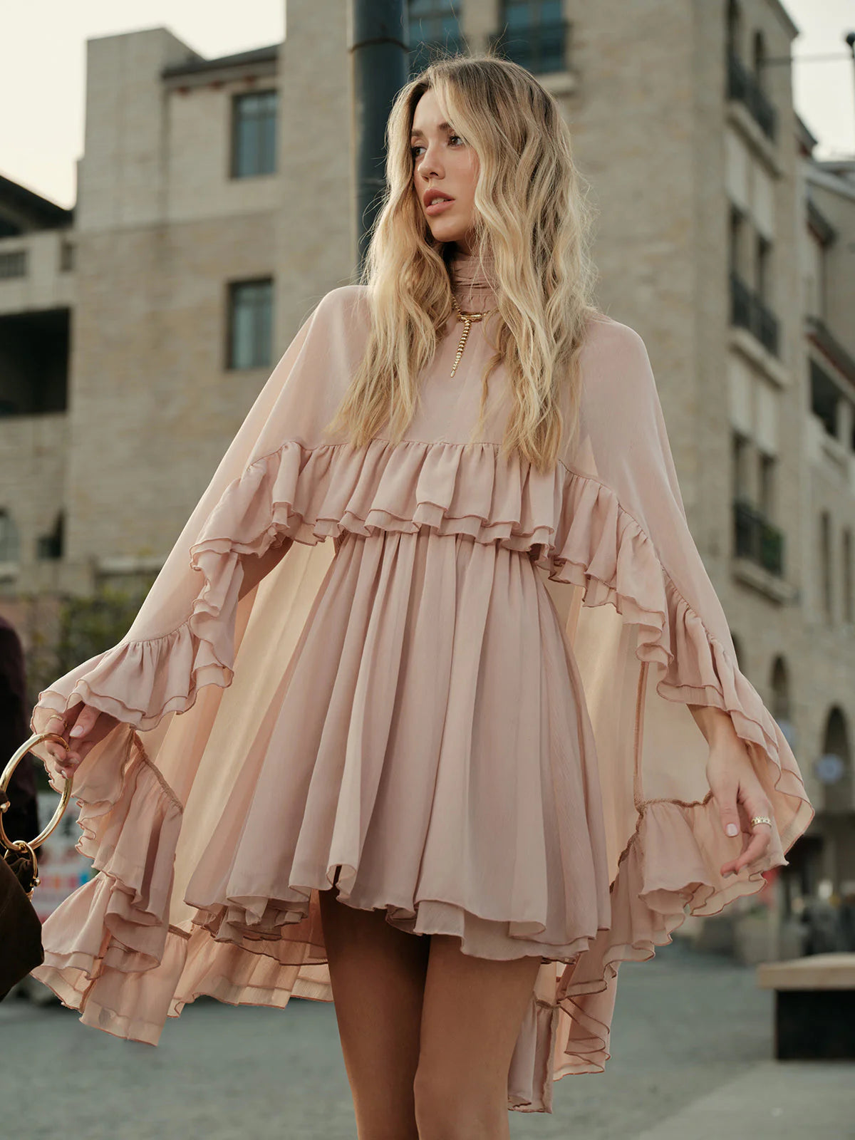 Chiffon Ruffle Mock Neck Dress