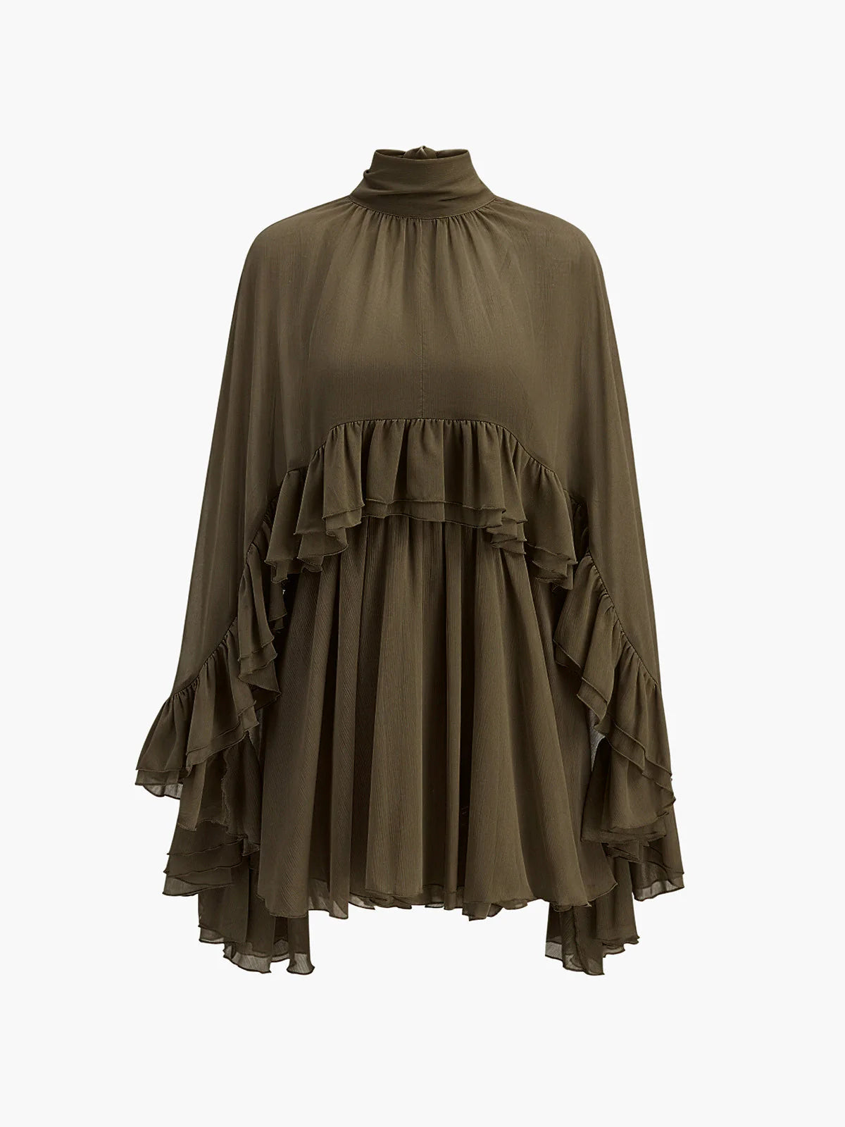 Chiffon Ruffle Mock Neck Dress