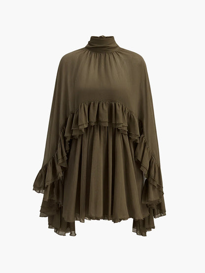 Chiffon Ruffle Mock Neck Dress