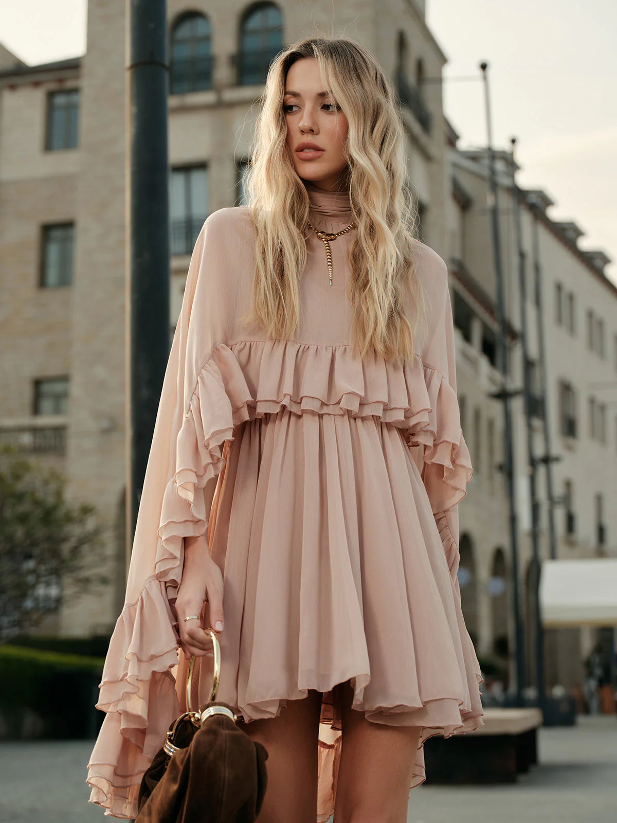 Chiffon Ruffle Mock Neck Dress