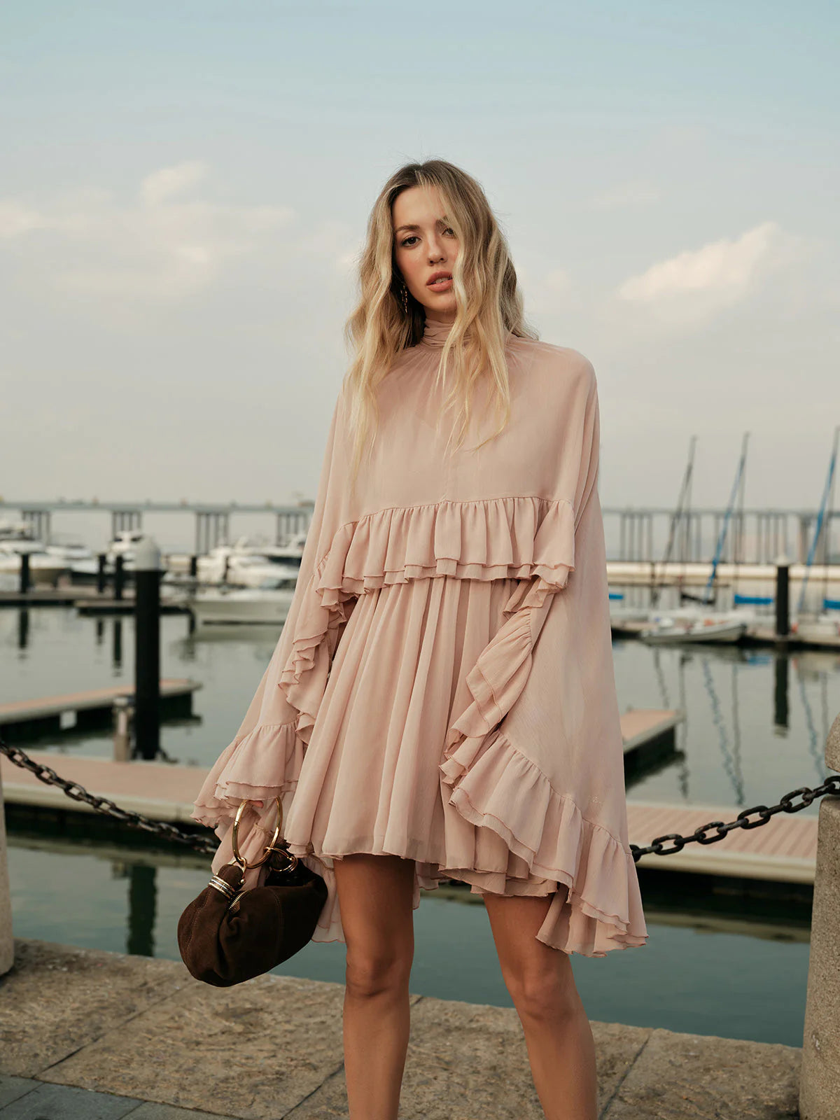 Chiffon Ruffle Mock Neck Dress