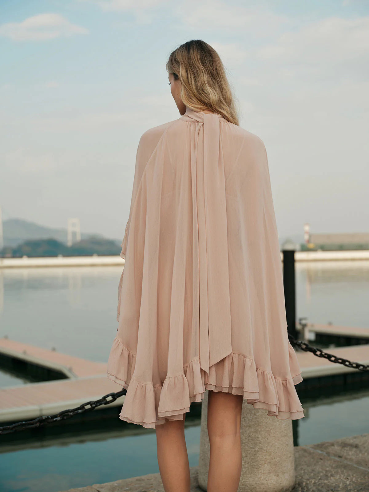 Chiffon Ruffle Mock Neck Dress