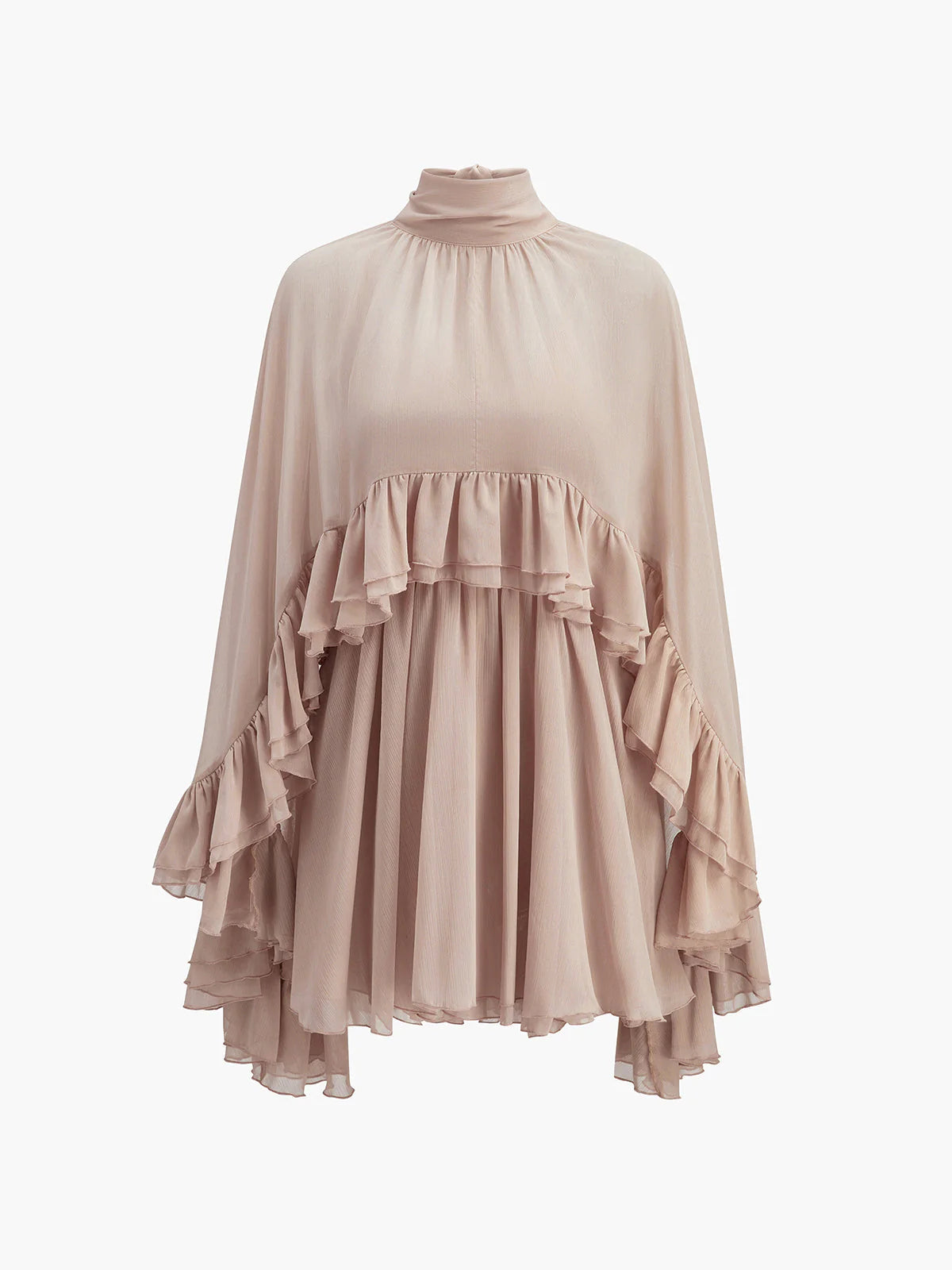 Chiffon Ruffle Mock Neck Dress