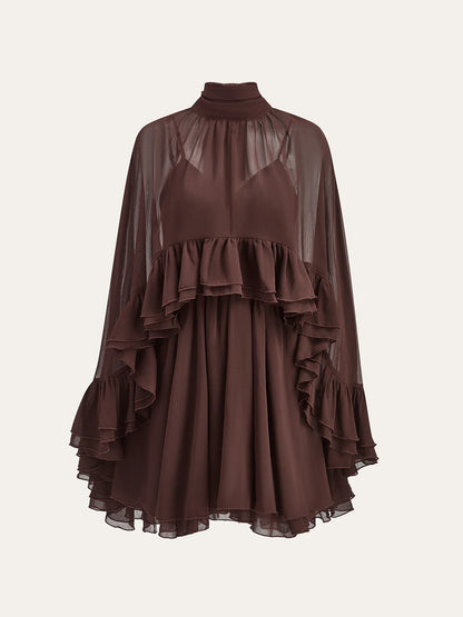 Chiffon Ruffle Mock Neck Dress