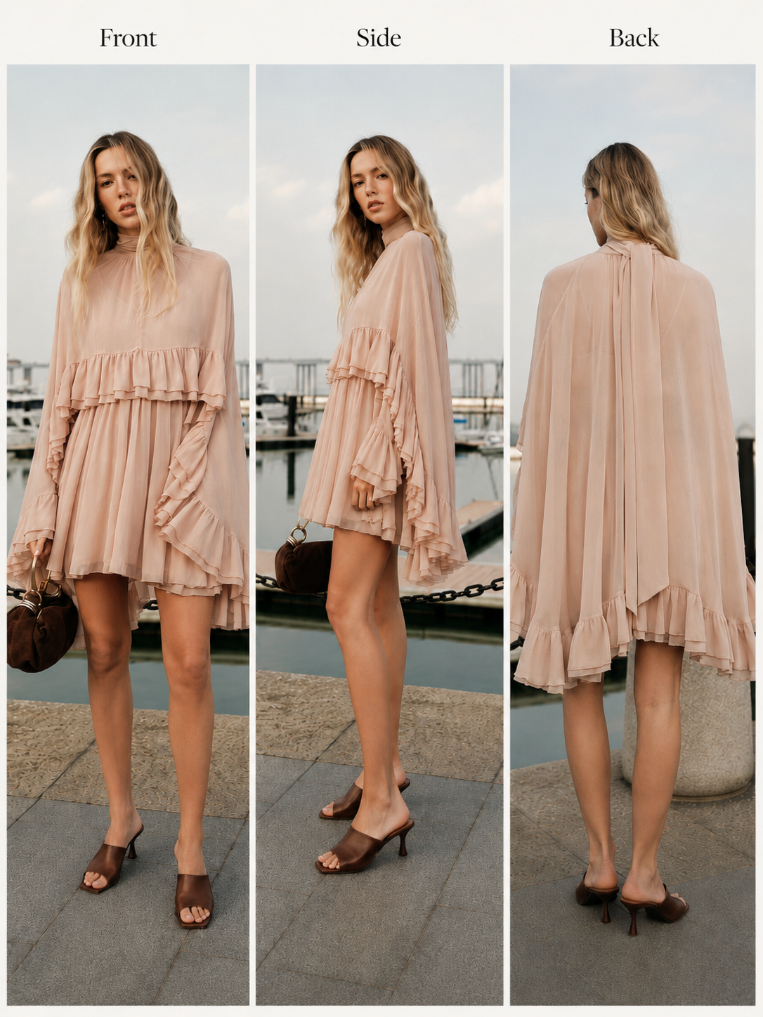 Chiffon Ruffle Mock Neck Dress