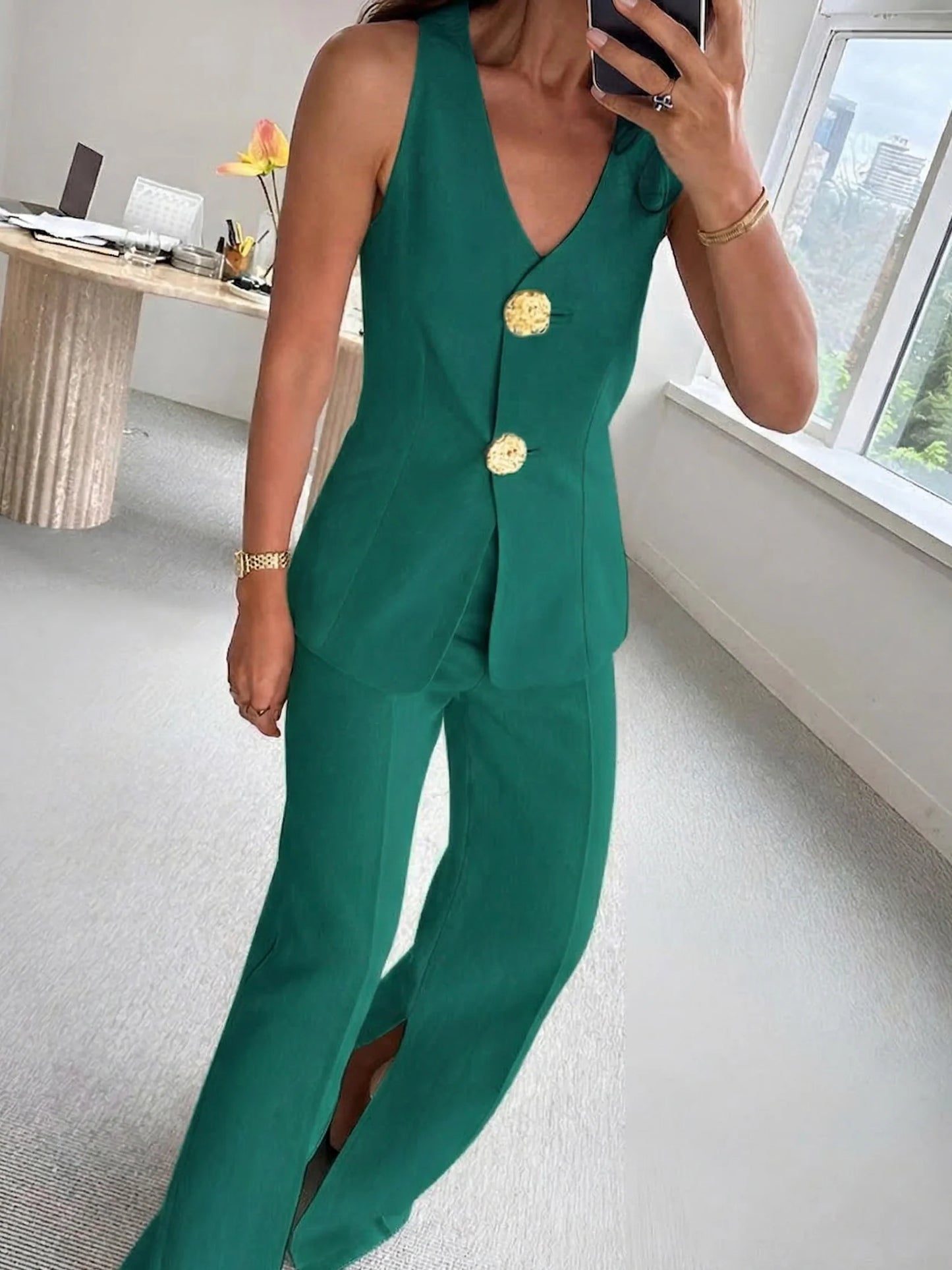 Woven Fabric Sleeveless Two Piece Pants Set