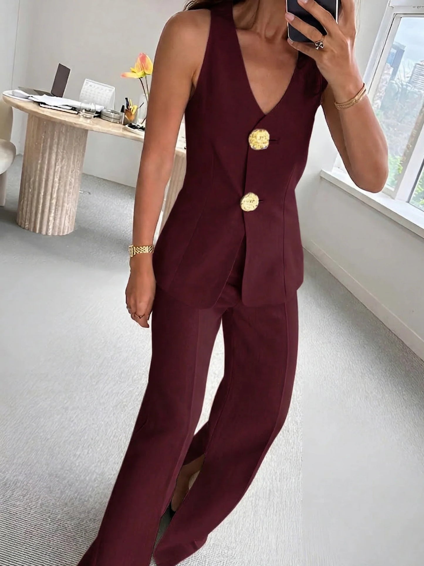 Woven Fabric Sleeveless Two Piece Pants Set