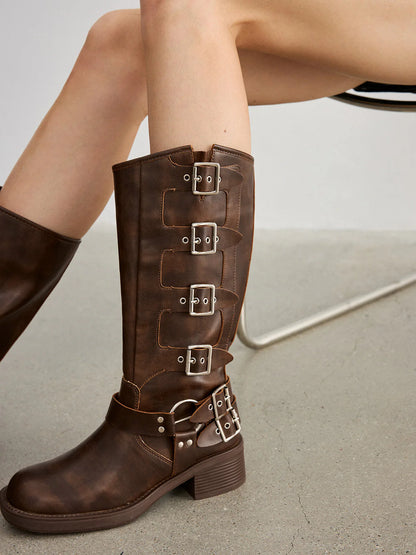 Microfiber Leather Block Heeled Knee High Boots