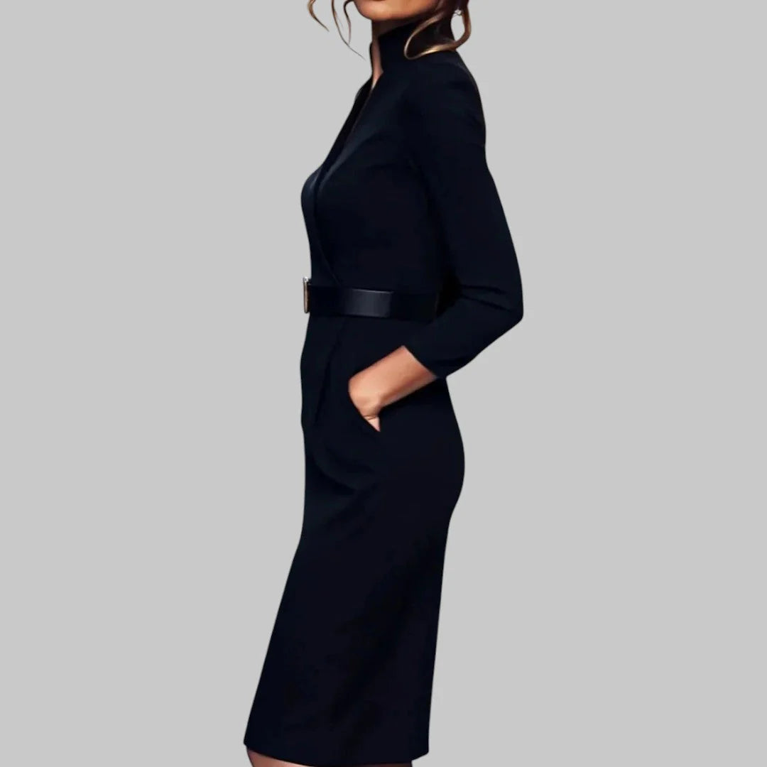 Structured Long Sleeve Belted Dress