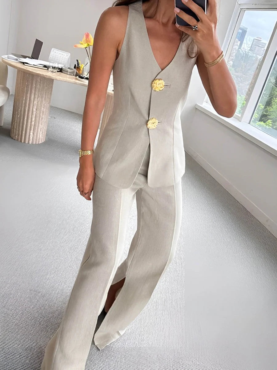 Woven Fabric Sleeveless Two Piece Pants Set