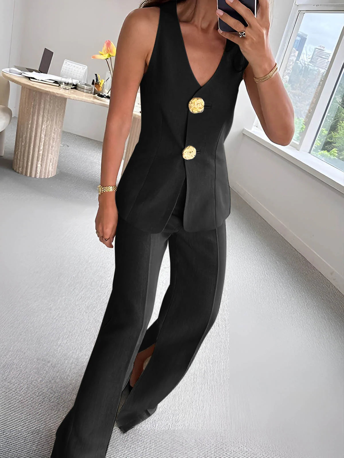 Woven Fabric Sleeveless Two Piece Pants Set