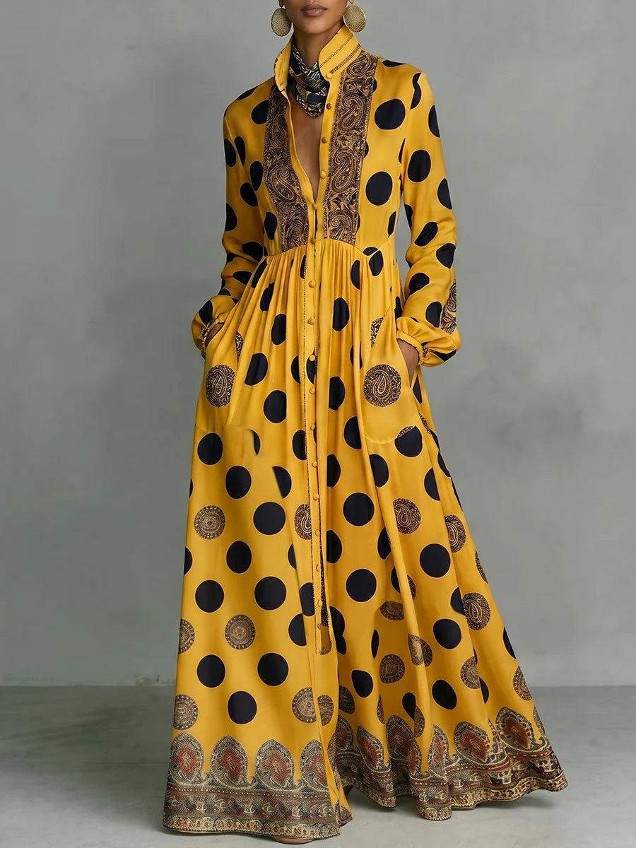 High Waisted Long Sleeve Collar Maxi Dress