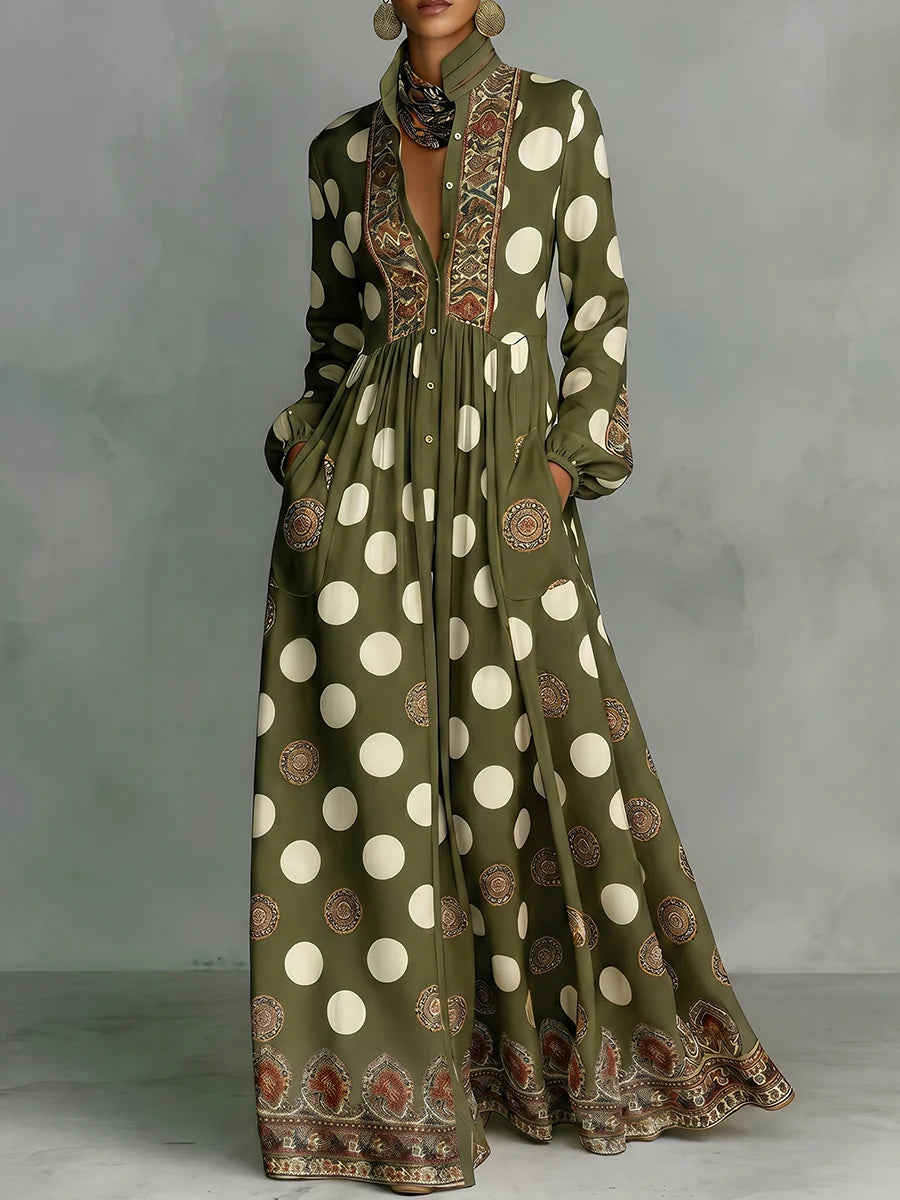 High Waisted Long Sleeve Collar Maxi Dress