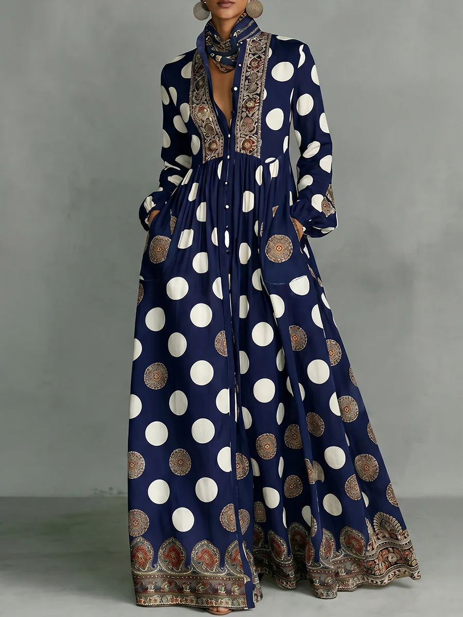 High Waisted Long Sleeve Collar Maxi Dress